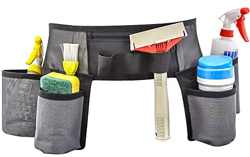 Kleemeiero Ceinture Porte Outils Ceinture à Outils de Nettoyage avec 4 Poches et 3 Fentes Elastiques Ceinture Travail Porte Outils Ceinture de Jardinage en Maille de Nylon pour Nettoyage de la Maison