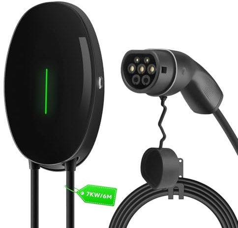 WISSENERGY EV Ladegerät Wandhalterung mit 7kW Typ 2, 32A Einphasiges Heim Ladestation Wallbox, 6m Ladekabel und typ 2 Stecker mit Lichtleiste Für EV PHEV Schwarz