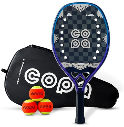 Beach Tennis Racket 18k Carbon Fiber with Padded Bag Copa Jupiter EVA Memory Foam Core, Sand Grit Finish Beach Tennis Paddle ITF Regulation Balls Included.
