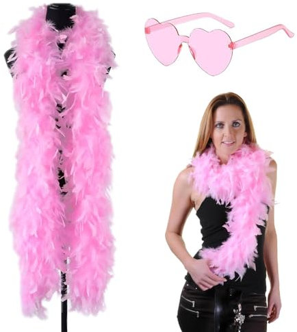 SHIQUAN Rosa Federschal Mit Herzförmiger Brille,Federboa Einfarbig Set,Flauschige Federboa,Rosa Sonnenbrille in Herzform,Geeignet für Tanz Hochzeit Weihnachten Halloween Karneval Dress up Zubehör