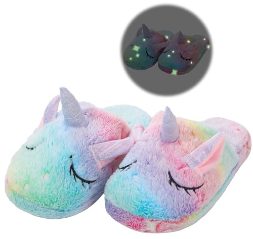 WAFUNNE Pantofole Unicorno per Bambini che si Illuminano al Buio Ragazze Ragazzi Scarpe Luminose da Interno Slip-On, Verde, 25 EU