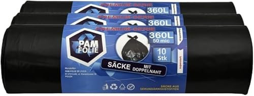 PAM-FOLIE Sacs Poubelle 360L - Set XXL Grand, Extra Fort - 30 Pièces - Sacs Poubelle Épais Premium - 120x150cm - 50µm - Noir - Déchets de Chantier et Polystyrène Expansé