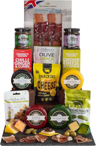 InterCheese | Charcuterie 4 Cheese Truckles and Meat Hamper Gift with 2 Crackers, 2 Chutney, 4 Gourmet Snacks and Cured Meat Platter presented in Wood Wool