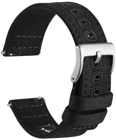 WOCCI 20mm Watch Strap, Heavy Duty Cloth Fabric, Quick Release, Replacement Band, Silver Buckle (Black)