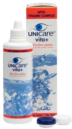 Unicare Vita+ Mehrzweck-Kontaktlinsenlösung | 250 ML All-in-One-Reinigung | Desinfektion und Feuchtigkeitszufuhr für empfindliche Augen | Angereichert mit Dexpanthenol-Vitamin-Komplex