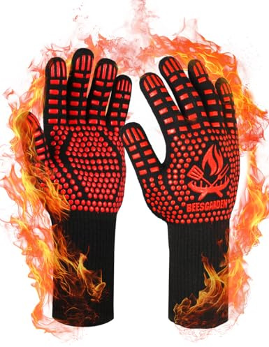 Beesgarden Guanti Barbecue da Forno Resistenza al Calore Fino a 800°C, Silicone Antiscivolo Superficie, Accessori BBQ Ingnifughi per Griglia, Camino, Cottura al Forno, Cucina (Rosso, S/M)