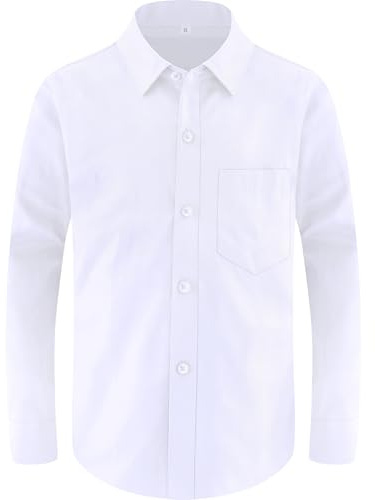 Marvelous World Boys' Long Sleeve Solid Buttoned Cuffs Dress Shirt Kids Casual Button Down Shirts White Husky Size 18