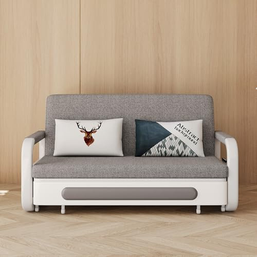 LumivoxNest Modern Convertible Sofa Bed with Storage, Grey Fabric Upholstery, White Frame, Under-Bed Storage Compartment, – Sleeper Sofa for Small Spaces (White + Grey | Total width: 128cm)