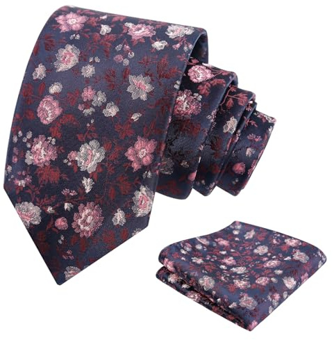 Alizeal Män 8 cm blommig slips och ficknäsduk bröllopsfest klassisk färgglad slips med Hanky set, 128-marinblå+rödbrun+rosa, en storlek
