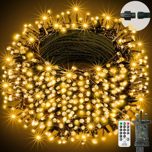 btfarm 20M 200LED Christmas Fairy Tree Lights with Remote, Outdoor Xmas Lights Mains Powered, 8 Mode Timer Waterproof Warm White String Light for Indoor, Outside, Garden, Party, Wedding Decorations