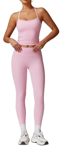 IMEKIS Conjunto de 2 Piezas para Gimnasio para Mujer, Outfit de Yoga, Top con Cuello Halter y Correas, Crop Top y Leggings de Cintura Alta, Traje Deportivo de Verano, Fitness y Entrenamiento, Ropa