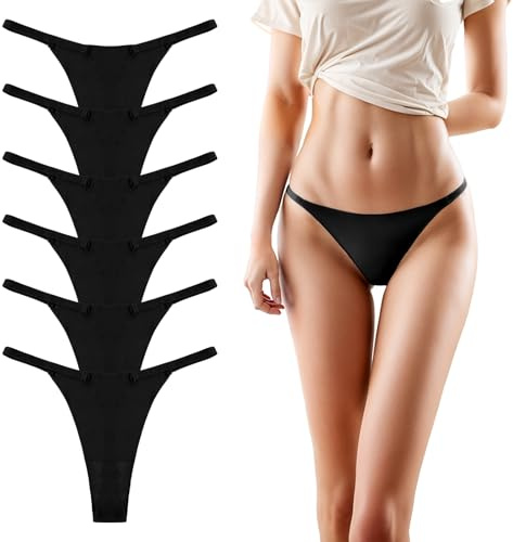 6 Pack Seamless G-string Thongs for Women No Show Thong Underwear Stretch Breathable Low Rise Panties Sexy Underwear (L) Black