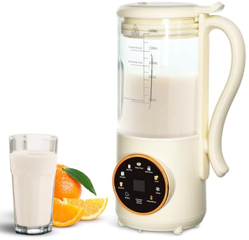 Umelee Nötmjölkstillverkare 1,4 l, automatisk sojamjölkmaskin, med fördröjningsinställning, självrengörande, LED-skärm, för att göra hemlagad vegetabilisk mjölk