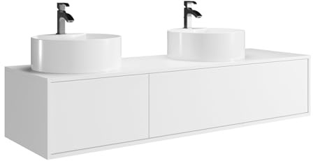 Vente-unique-Mobile bagno sospeso bianco con doppio lavabo rotondo - L150 cm - ISAURE II
