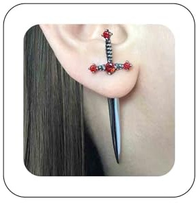 Enautoabs Orecchini a perno a forma di spada gotica con cristallo nero rosso e nero, orecchini a perno con strass a forma di coltello, gioielli per Halloween da donna (nero rosso), Zinco