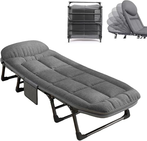 Refein Folding Camping Bed for Adults, Portable Camp Beds with Thickened Mattress Heavy Duty Travel Cot Guest Bed with Side-Pocket and Adjustable Backrest for Travel Home Beach Office Nap