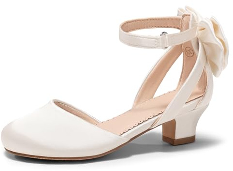 Coutgo Girls Dress Shoes Flower Girl Shoes with Cute Bow Closed Toe Chunky Heel Satin Wedding Party Pumps, Little Kid, Beige, Size 12