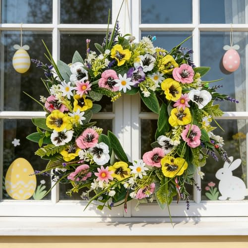50CM Ghirlanda Pasquale Colorata con Uova e Fiori, ghirlanda di uova di Pasqua artificiale per porta d'ingresso, da appendere a parete, corona di primavera con uova per Pasqua, vacanza