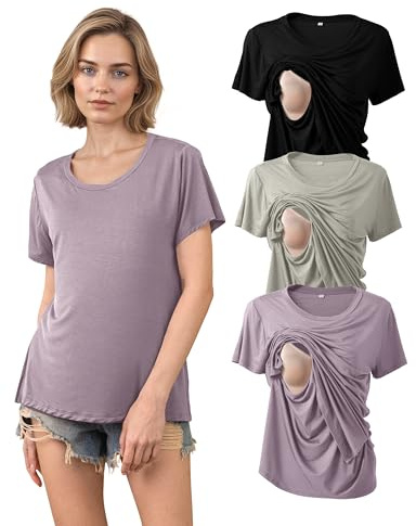 SUNNYBUY Amnings-t-tröjor set med 3 – amningsskjorta kortärmad för kvinnor – bekväma mammakläder för graviditet och amning | Ser ut som en normal t-shirt, diskret amning, graviditet och amning