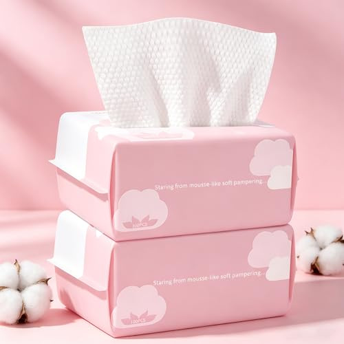 Disposable Face Towel 200 Count, Cotton Face Wipes Unscented & Lint-Free Biodegradable Clean Face Cloths Extra Soft & Thick, Dry Wipes for Facial Cleansing, Makeup Remover, Skincare