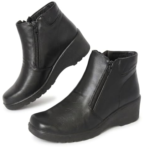 Cushion Walk E Fit Double Zip Ankle Boots for Women, Wedge, Black UK | double zip fastening, chunky non-slip sole, lightweight, water resistant, low wedge heel, office work everyday comfort bootie