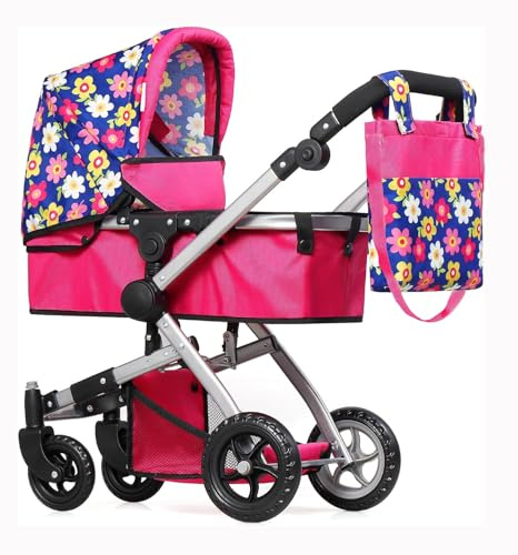 Fash N Kolor | Foldable Pram for Baby Doll with Flower Design with Swiveling Wheel Adjustable Handle Bassinet Stroller with Baby Doll, Convertible Seat, and Basket, and Free Carriage Bag