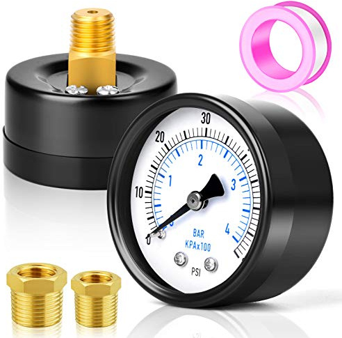 MEANLIN MEASURE 0-60Psi 2 DIAL FACE 1/4 NPT Well Pump Pressure Gauge, with 1/2 NPT and 3/8 NPT Hex Bushing, Pool Sand Filter WOG Water Oil Air Pressure Test, Center Back Mount