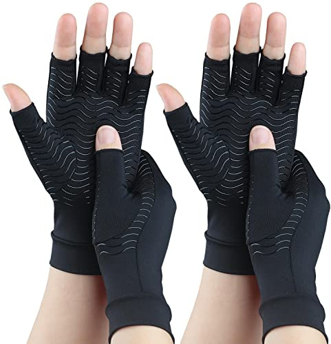 SHIFANQI 2 Pairs Copper Arthritis Gloves for Carpal Tunnel Pain Relief, Compression Gloves to Alleviate Hand Pain,Swelling,Fingerless Typing Gloves for Rheumatoid,Tendonitis for Women&Men (Medium)