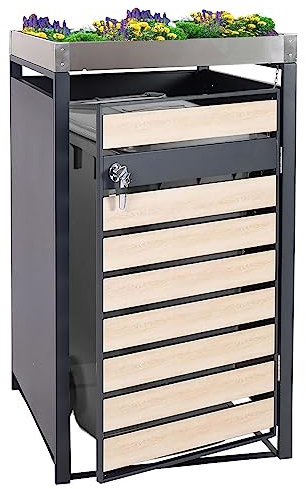 1er Mülltonnenverkleidung mit Pflanzkasten HWC-J81, erweiterbar, 125x68x80cm Metall 31kg, anthrazit - Buche-Holzoptik