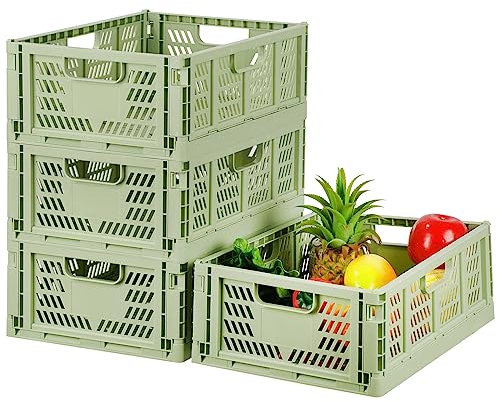 4 Pack Plastic Storage Crates Foldable Shelf Storage Basket Bins for Food Fruit Vegetables Snacks Toys Toiletries, Home Kitchen Office Storage Box Pantry Organization Cabinet Organizer