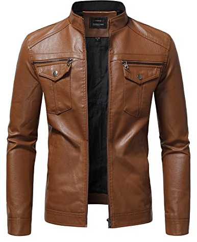 Veste en cuir vintage UnoSheng pour homme - Marron, col montant, coupe ajustée, mi-saison, coupe-vent, avec poche de poitrine