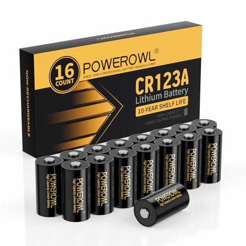 POWEROWL 123A 3V Lithium Battery 16 Count, High Capacity Cr123A 123 C123 CR17345 Batteries for Flashlight Camera Sensor