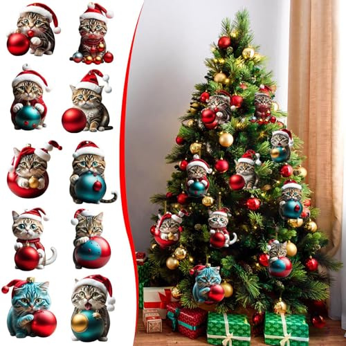 Christmas Tree Decoration,10Pcs Christmas Tree Acrylic Pendant, Cute Cat Xmas Tree Accessories Christmas Pendants Hanging, Cartoon Cat Christmas Ornament