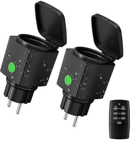 HBN Funksteckdosen mit fernbedienung Aussen, IP44 Wasserdicht Funkschalter Set - 2er Steckdosen mit Fernbedienung für Außenbereich, Garten, Terrasse, Balkon, Lichterkette, 3680W Schwarz