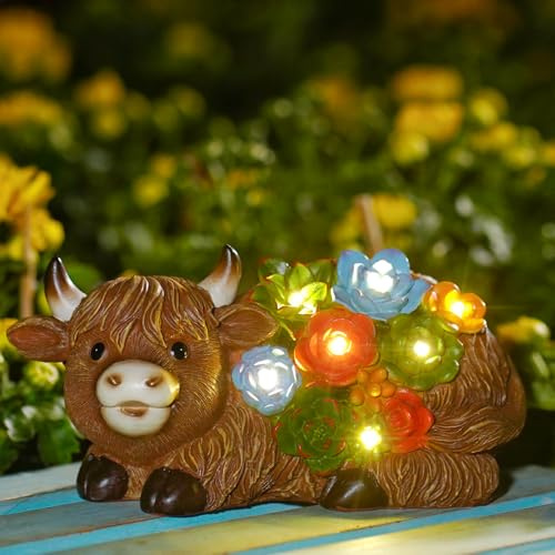 Goodeco Solar Highland Cow Statue with LED Succulent Accents - Brown | Nature Inspired Resin Sculpture, Outdoor Ornaments for Patio, Balcony, Yard, Birthday Gifts for Women, Mum