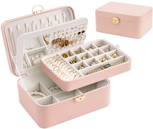 Lolalet Jewelry Box, Jewelry Organizer Display Case with Mirror for Earrings Bracelet Necklace Watch Ring, Women Accessories Storage -Lightpink