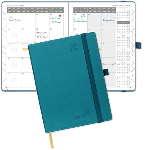 POPRUN Agenda Mensuel 2026 2027,Juil 2026-Déc 2027(18 Mois）,22 x 16,5 cm | 2 Pages par Mois Planner Scolaire Couverture Souple en PU Cuir, 2 Signet en rubans,Papier 100g/m²,Vert Pacifique