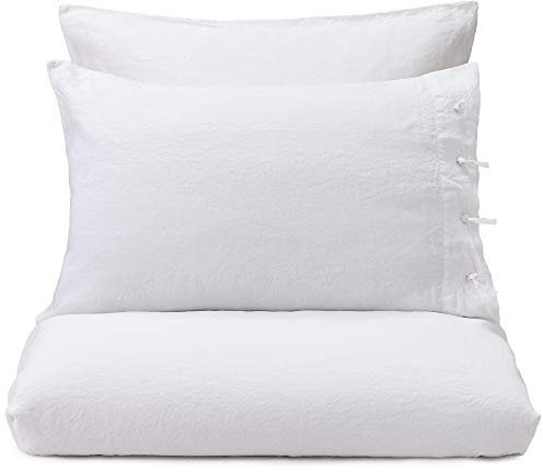 URBANARA Leinen-Bettwäsche Figuera, Bettdeckenbezug 135x200 cm aus 100% Leinen mit geknoteten Schlaufen als dekorativem Verschluss, vorgewaschen, Weiß