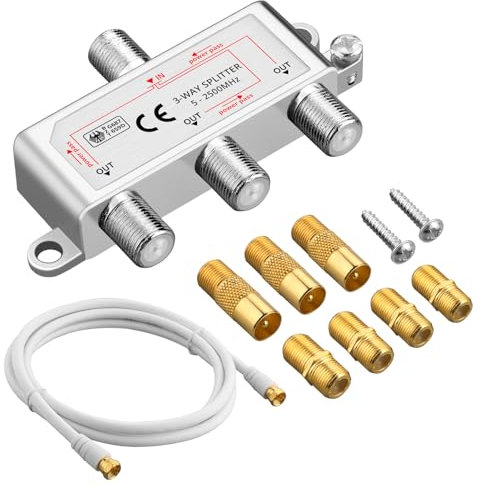 Justech 3 Vías Divisor de TV Sat 5-2500MHz Adaptador de Enchufe F Cable Distribuidor de Antena Splitter Sat Distribuidor de TV + 1 x Cable 1,5 m + 3 x F al Adaptador Coaxial + 4 x F a F Inline Joiner