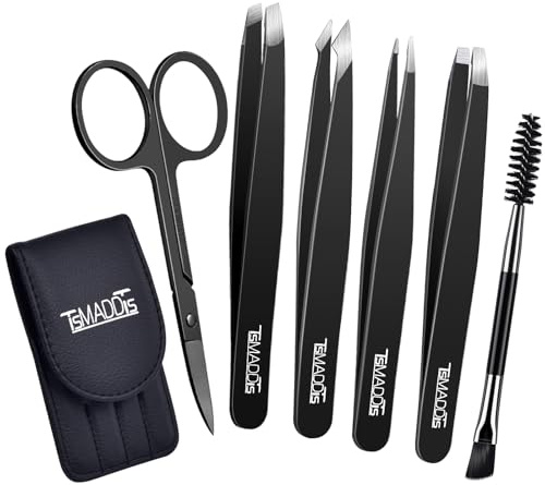 TsMADDTs Eyebrow Tweezers Set and Curved Scissor, Professional Stainless Steel Tweezers for Women and Men, Splinter and Ingrown Hair Removal