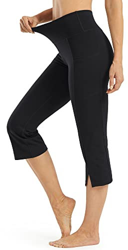 Promover Yogahose Damen 3/4 mit Taschen Caprihose Activewear Hosen Bootleg Schlaghose Bootcut Sporthose Hohe Taille Flare Hose Sommer Fitness Jazzpants