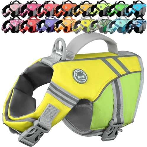 VIVAGLORY Chaleco Salvavidas de Estilo Deportivo para Perros con Flotación Adicional, Chaleco de Natación Ajustable y Duradero para Perros Pequeños, Amarillo Gris