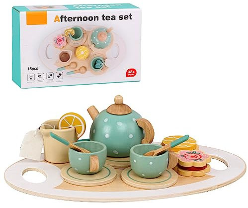 FENYW Teeservice Kinderküche Zubehör, 14PCS Teeservice Kinder Holz, Tee Set Holzspielzeug, Teeparty Spielküche Rollenspiele, Spielküche Zubehör Geschenk Für Kinder Jungen Mädchen Ab 3 Jahre Grün