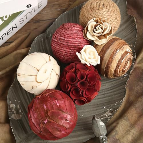 CIR OASES Decorative Bowl & Vase Filler Balls for Home Decor, Set of 6 PCS Natural Tone Rattan Wicker Balls Centerpieces Decoration, Decorative Orbs Vase Bowl Filler for Table Centerpieces