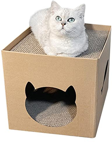 Maison pour Chat en Carton avec Griffoir, Niche pour Chat d'Intérieur, Boîte à Griffer pour l'Intérieur, Meuble à Griffer, Maison à Chat en Carton pour et Jouer