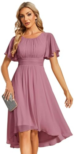 Ever-Pretty Women's Chiffon Crew Neck Pleated Waist Short Sleeve Knee-Length Wedding Guest Dress - A-Line, Plus Size 3X (US 26-28), Solid, EG02053