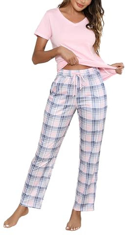 Litherday Schlafanzug Damen Baumwolle Pyjamas Set Kurzarm Nachtwäsche Set Zweiteiliger mit Lang Pyjamahose und Shirt Casual Elastischer Bund Sleepwear