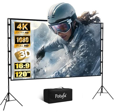 120 pollici tela proiettore con treppiede – 16:9 tessuto di seta lattea pieghevole e portatile, doppio supporto con tripla, picchetti e tiranti per uso interno ed esterno