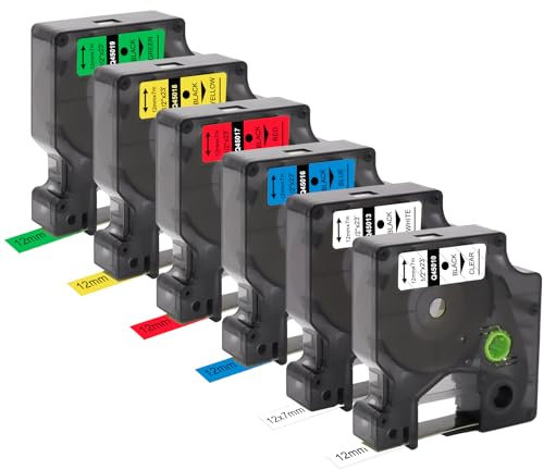 Molabel 6 x Kompatibel für Dymo D1 12mm Schriftband 45013 45010 45016 45017 45018 45019 Etikettenband 12mm x 7m für LabelManager 160 280 100 210D 360D 420P, Weiß/Transparent/Blau/Rot/Gelb/Grün