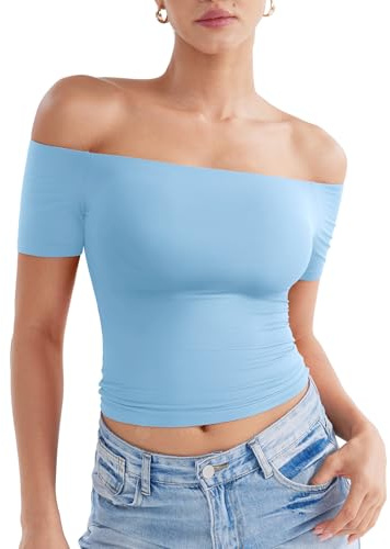 ZAAYO T-Shirt da donna senza maniche, doppio strato, Y2K, crop top estivo, top sportivo, per palestra, top da donna, basic, maglietta sportiva, Azzurro, M